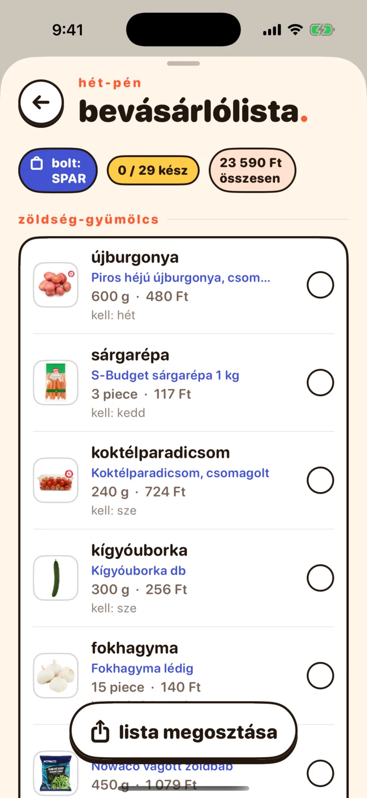 NomNom bevásárlólista: termékfotók, magyar terméknevek, árak és heti végösszeg