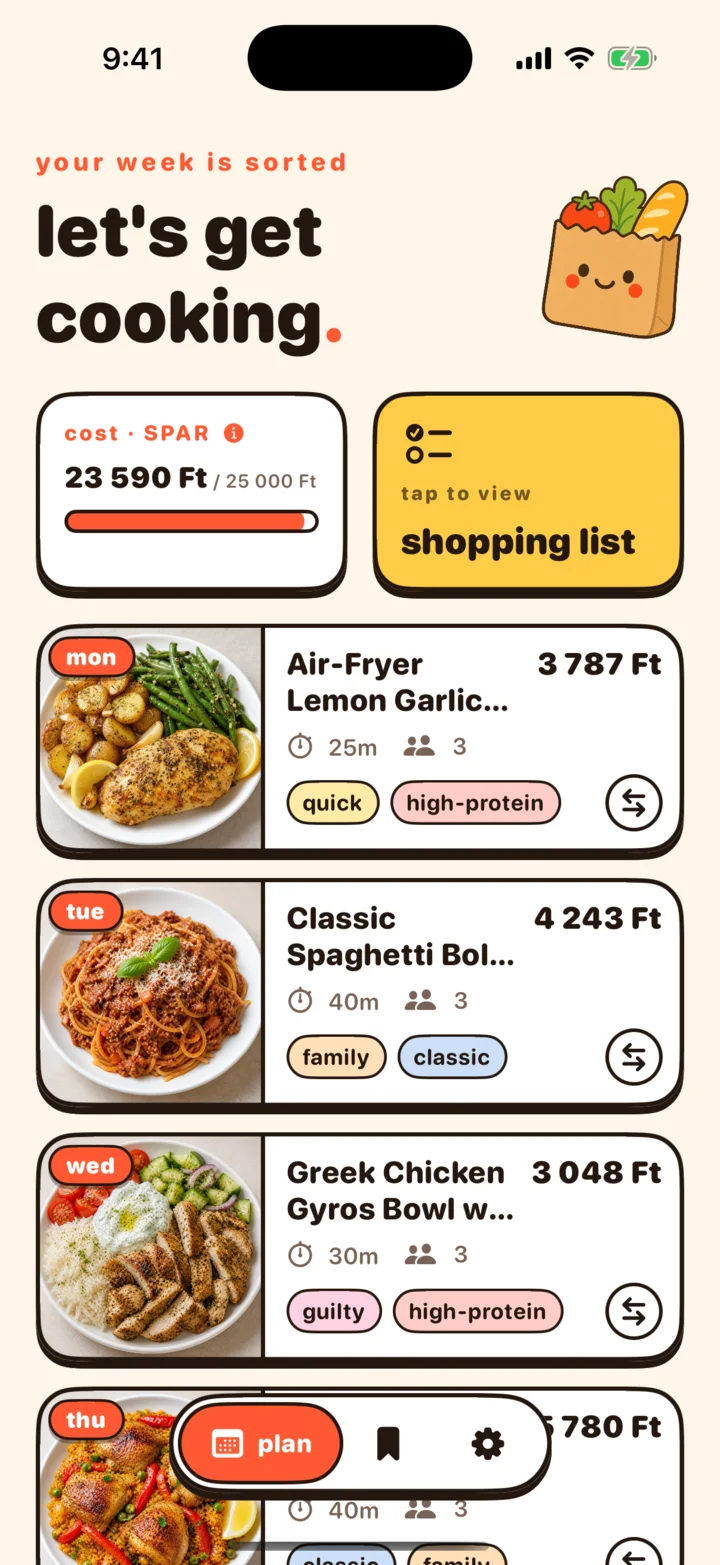NomNom plan screen: five dinners with photos, prices in forint, and a weekly cost bar