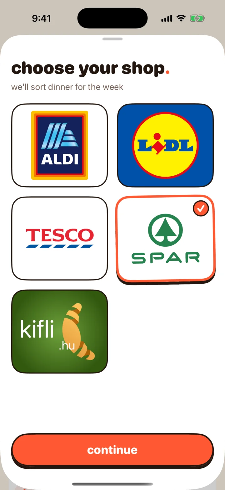 NomNom shop picker: Aldi, Lidl, Tesco, SPAR and Kifli logos with one selected